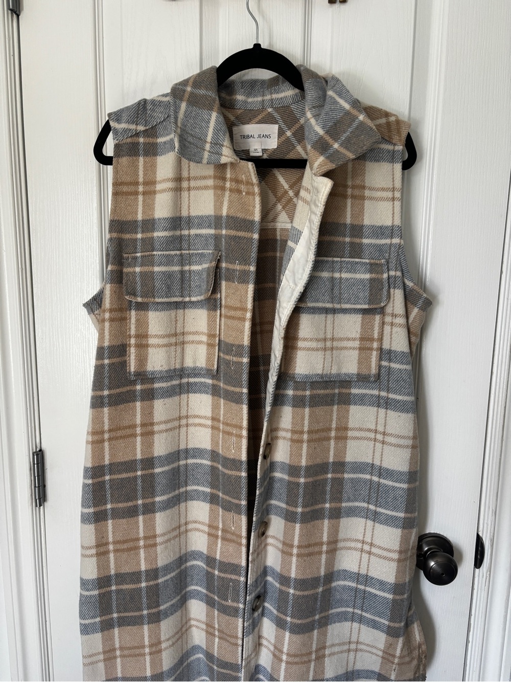Tribal Beige and Blueish-Grey Plaid Sleeveless Shirt Vest